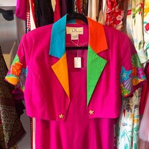 90s Colorblock Cropped Blazer & Dress Set with Multicolor Seashell Design